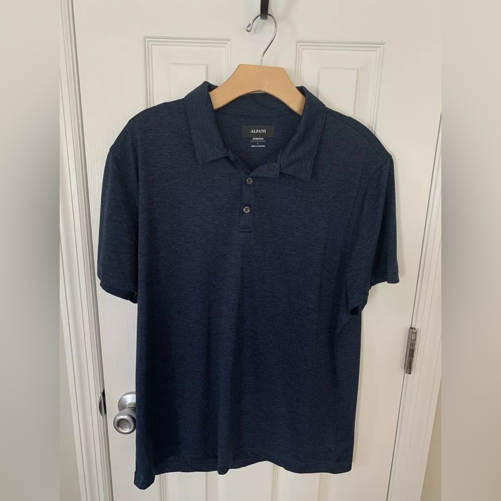 Alfani Dark Blue Heathered Collared Short Sleeve Shirt